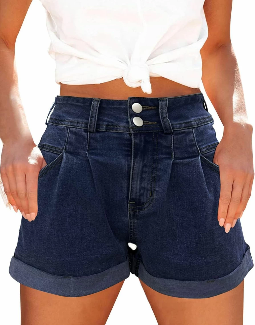 Hilltichu Women's High Waist Denim Shorts with Pockets - Relaxed Fit Casual Comfort
