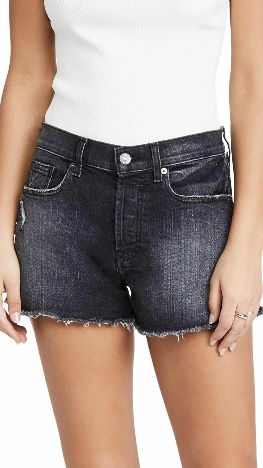 7 For All Mankind Women's Monroe Cutoffs Denim Shorts in Eclipse Black - High-Rise Distressed Vintage Style