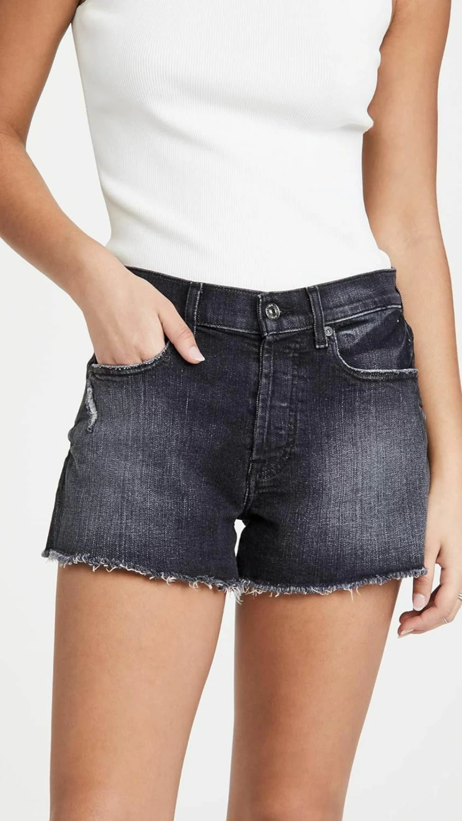 7 For All Mankind Women's Monroe Cutoffs Denim Shorts in Eclipse Black - High-Rise Distressed Vintage Style