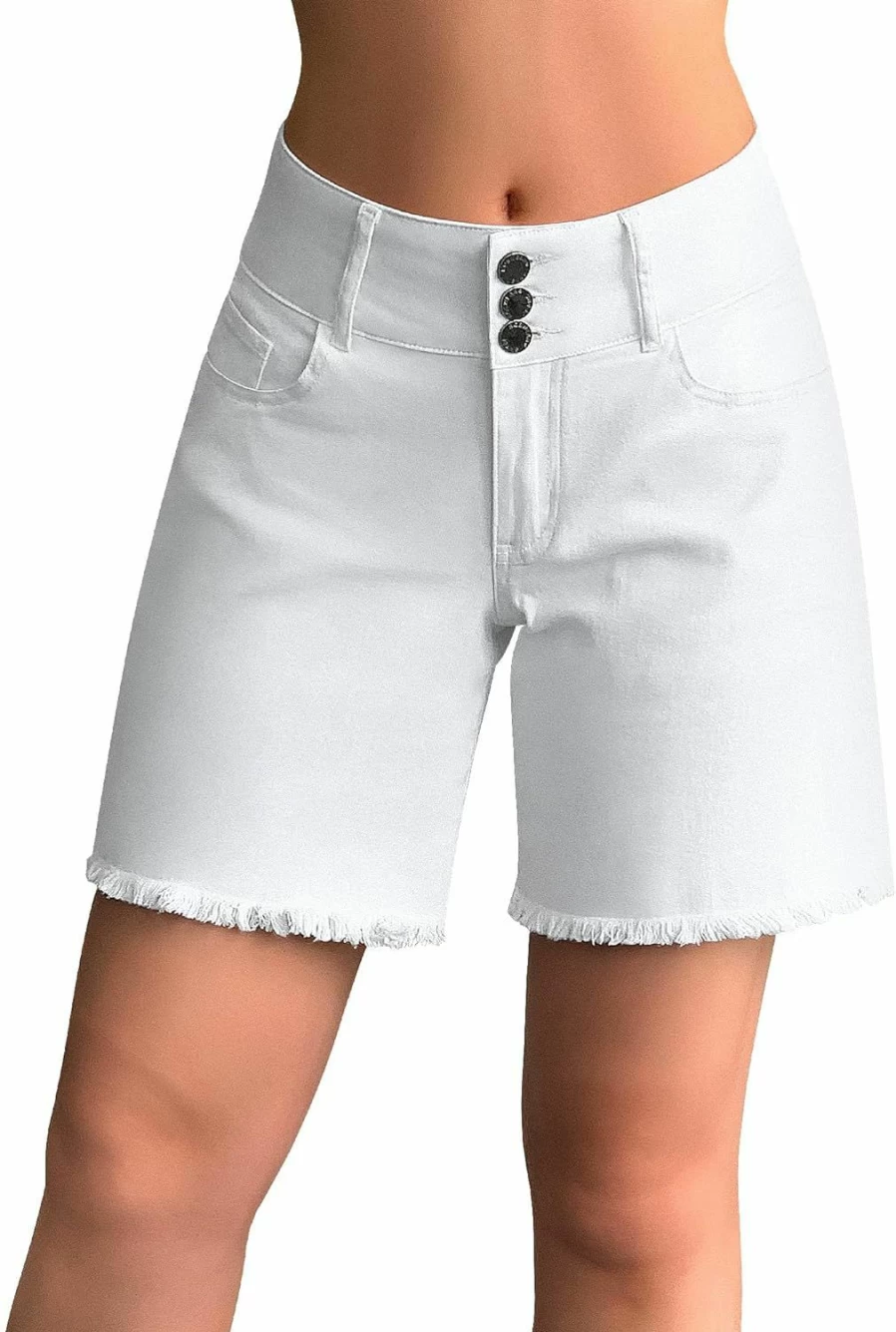 Roswear Women's High Waisted Stretchy Denim Shorts - Casual Summer Wide Leg Baggy Jeans with Frayed Hem
