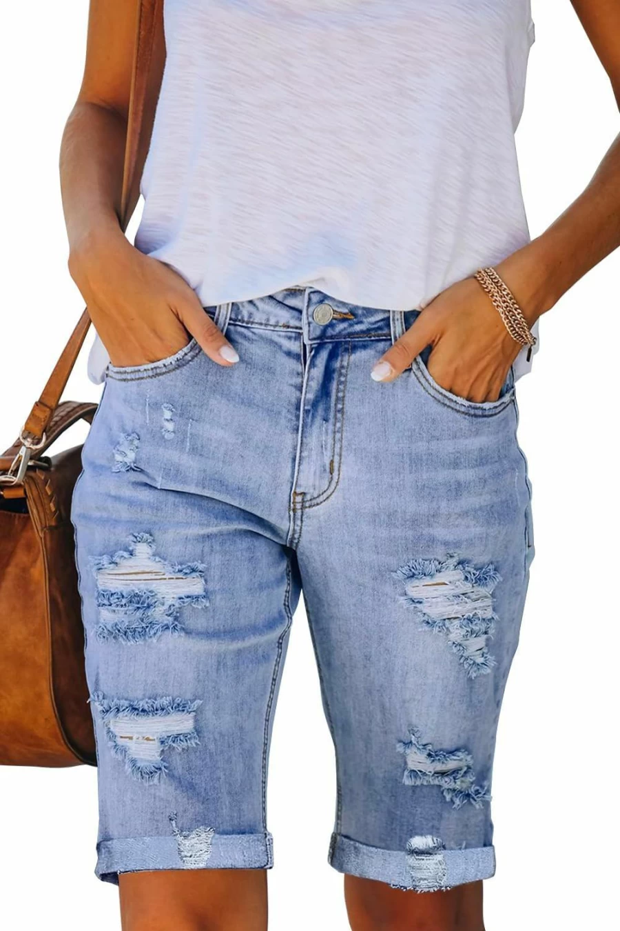 Necooer Women's Ripped Denim Shorts Mid Waist Stretchy Casual Summer Jean Shorts with Five-Pocket Design