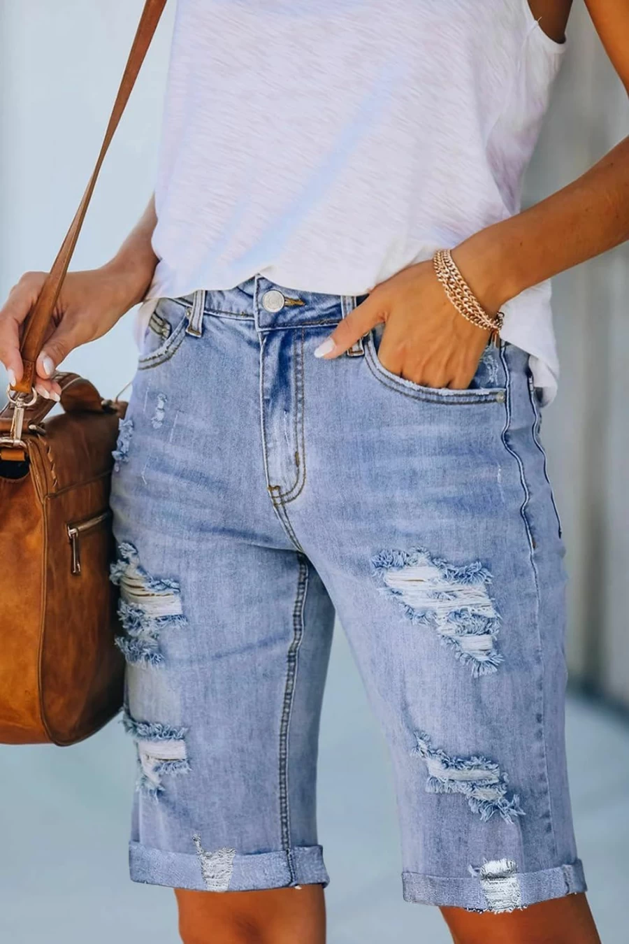 Necooer Women's Ripped Denim Shorts Mid Waist Stretchy Casual Summer Jean Shorts with Five-Pocket Design