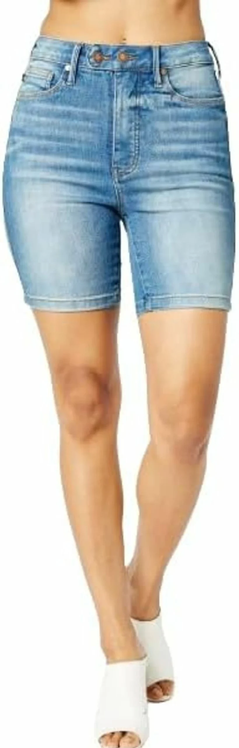 Judy Blue Women's High Waist Tummy Control Bermuda Shorts with Double Button Closure - Stretch Denim Comfort Fit (Style 150269)