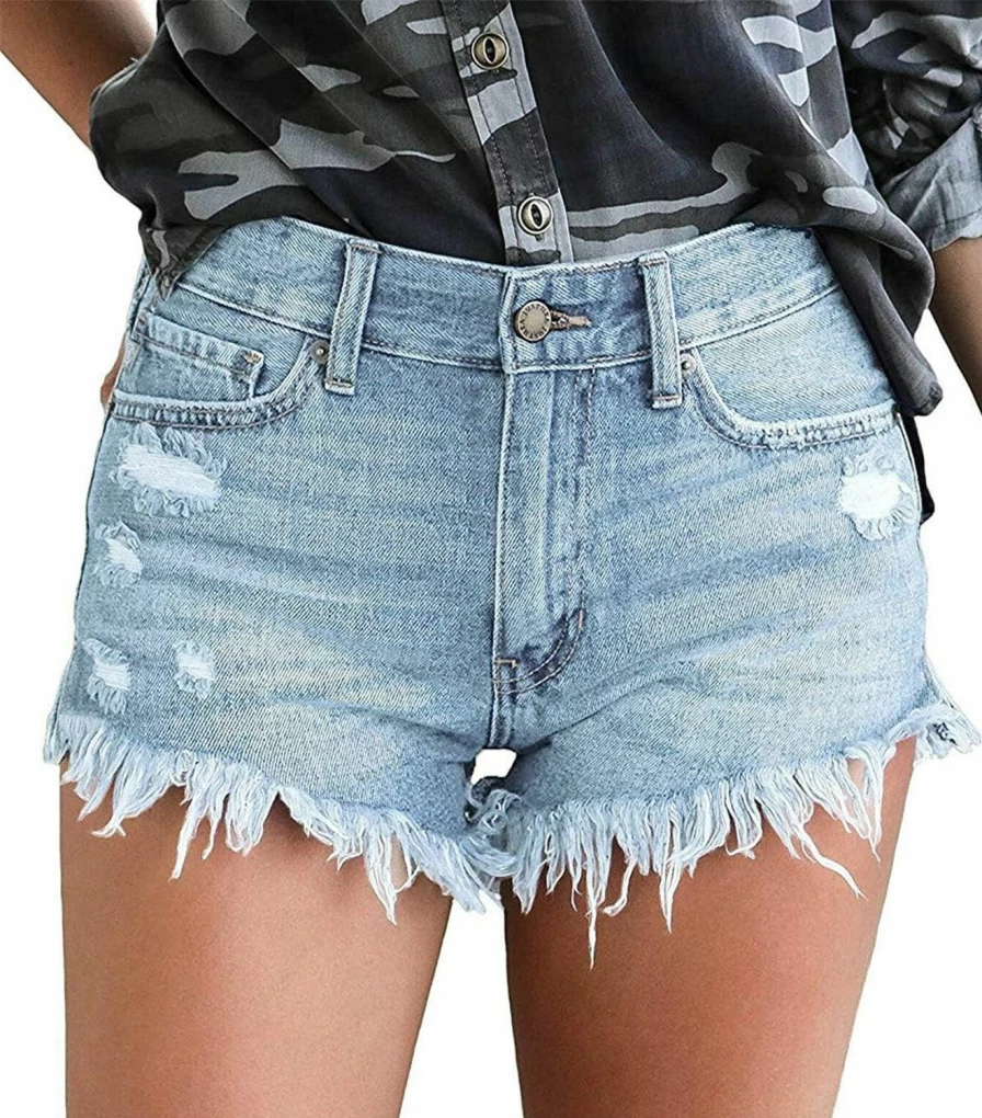 Onlypuff Women's Distressed Mid-Rise Denim Shorts with Pockets - Ripped High Waist Jean Shorts for Women