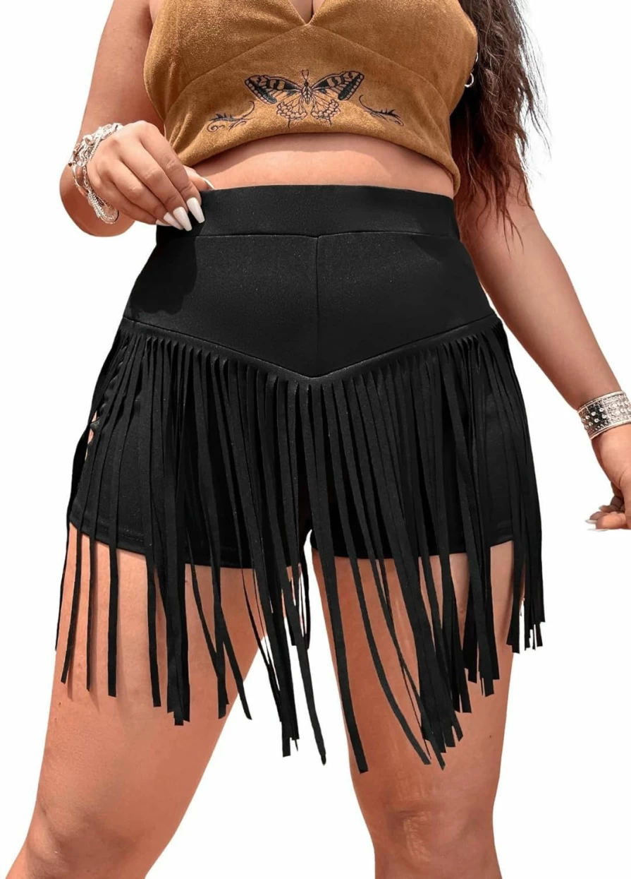 SOLY HUX Women's Plus Size High Waisted Elastic Shorts with Fringe Tassel Detail, Straight Leg Skinny Denim Shorts
