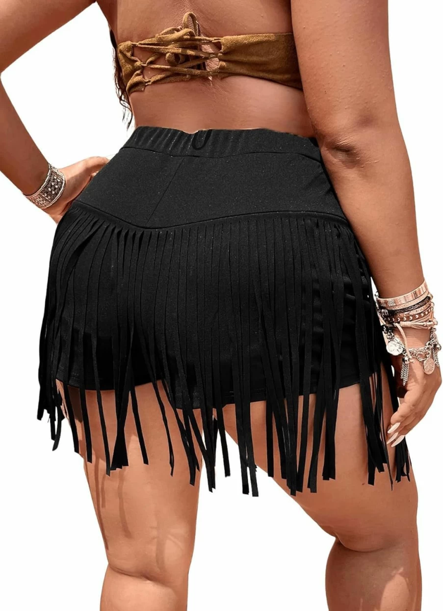 SOLY HUX Women's Plus Size High Waisted Elastic Shorts with Fringe Tassel Detail, Straight Leg Skinny Denim Shorts