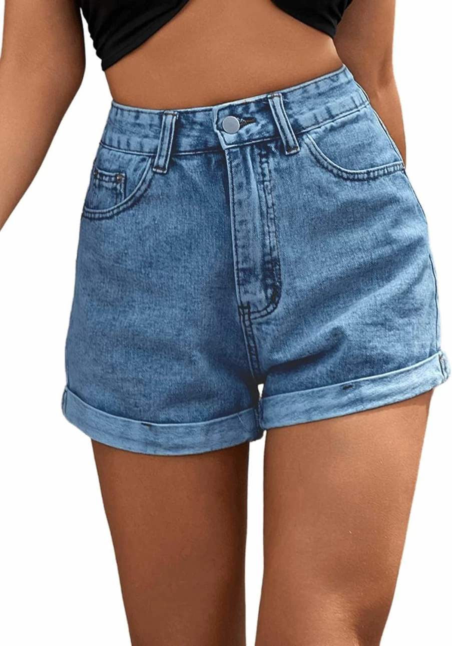SweatyRocks Women's High Waist Roll-Up Hem Denim Shorts with Pockets - Straight Leg Stretch Jean Shorts for Women