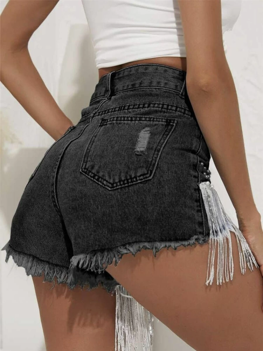 Cyparel Women's High Waisted Denim Shorts with Rhinestone Pearl Beading, Fringe Tassels, and Raw Hem for Summer Fashion