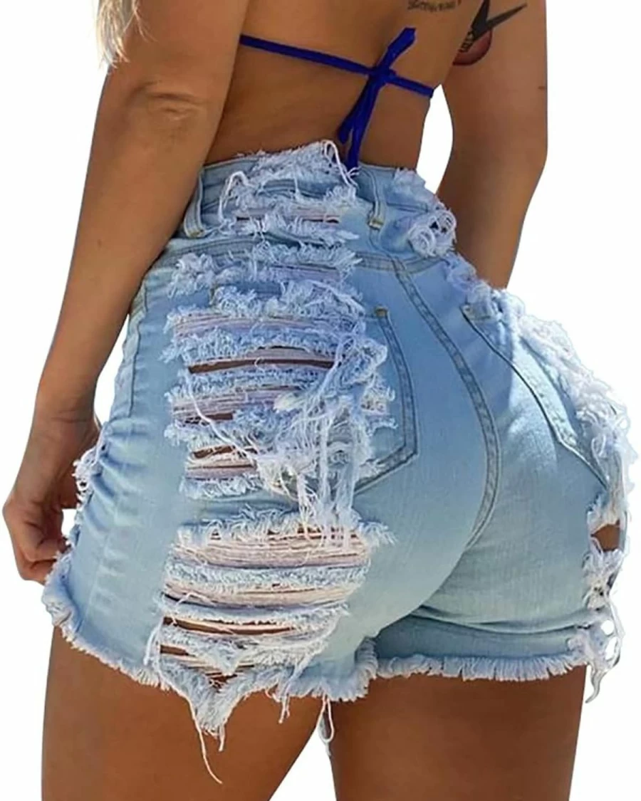 GOBLES Women's High-Waist Ripped Denim Shorts Distressed Frayed Hem Summer Casual Jean Shorts