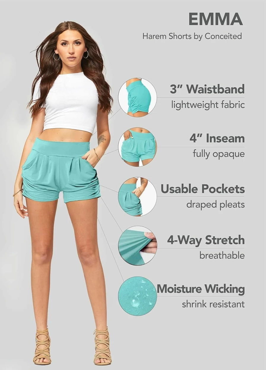 Conceited Women's High Waisted Harem Shorts - Ultra Soft 4" Inseam with Pockets, Flowy Comfort Fit