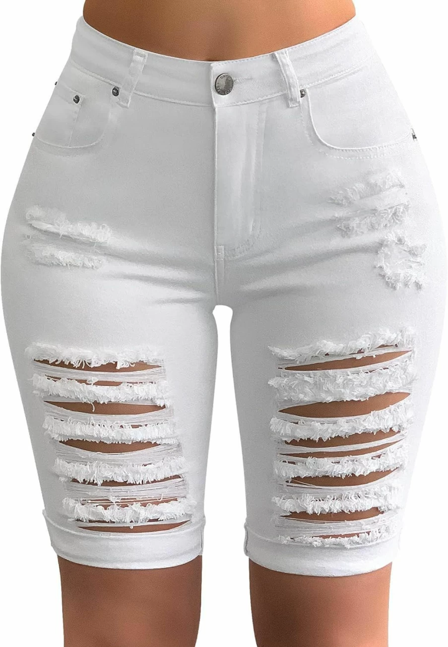 Roswear Women's Distressed Ripped Stretchy Denim Shorts - Knee Length High Waist Jean Shorts for Women