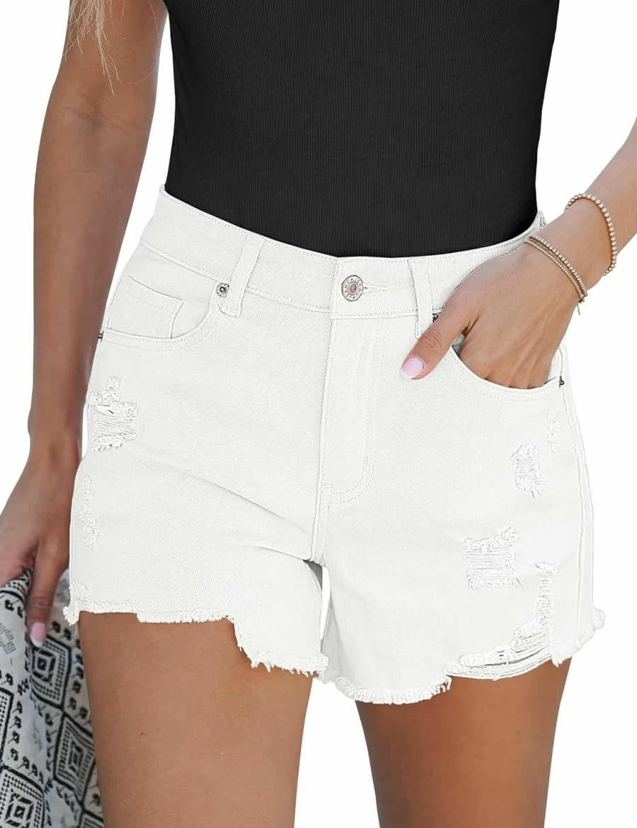 Luvamia Women's High Waisted Stretch Denim Shorts - Distressed Ripped Raw Hem Casual Summer Jean Shorts