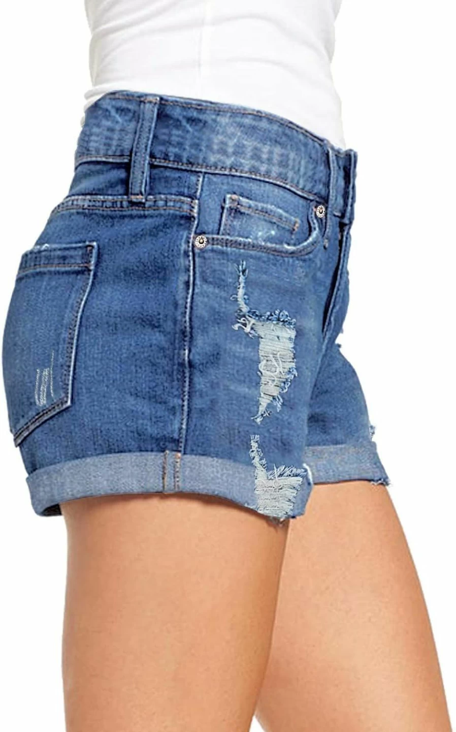 Luvamia Women's High Waisted Ripped Denim Shorts Stretchy Folded Hem Jean Shorts Distressed Casual Summer Short Jeans