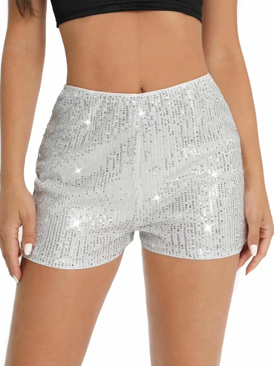 SweatyRocks Women's Glitter Sequin High-Waisted Party Shorts - Elastic Straight Leg Solid Color Shorts for Women