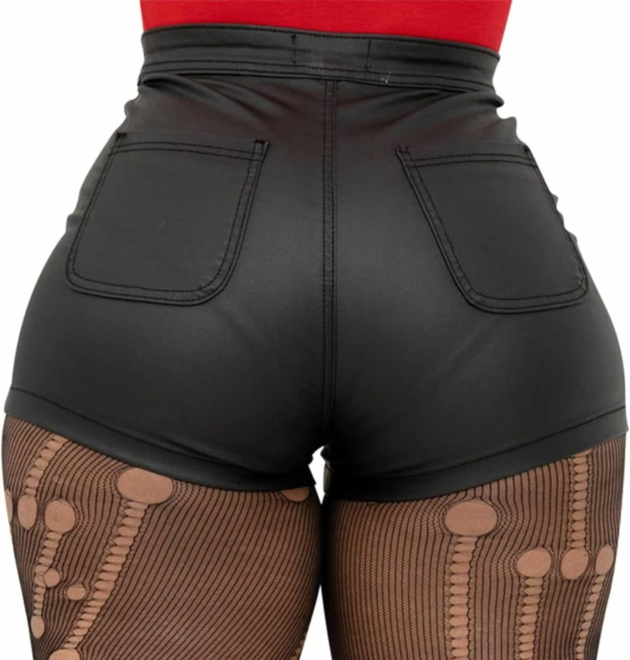 Hibshaby Women's High Waist Sexy Faux Leather Shorts - Black PU Vegan Leather Hot Pants for Fashion Outfits