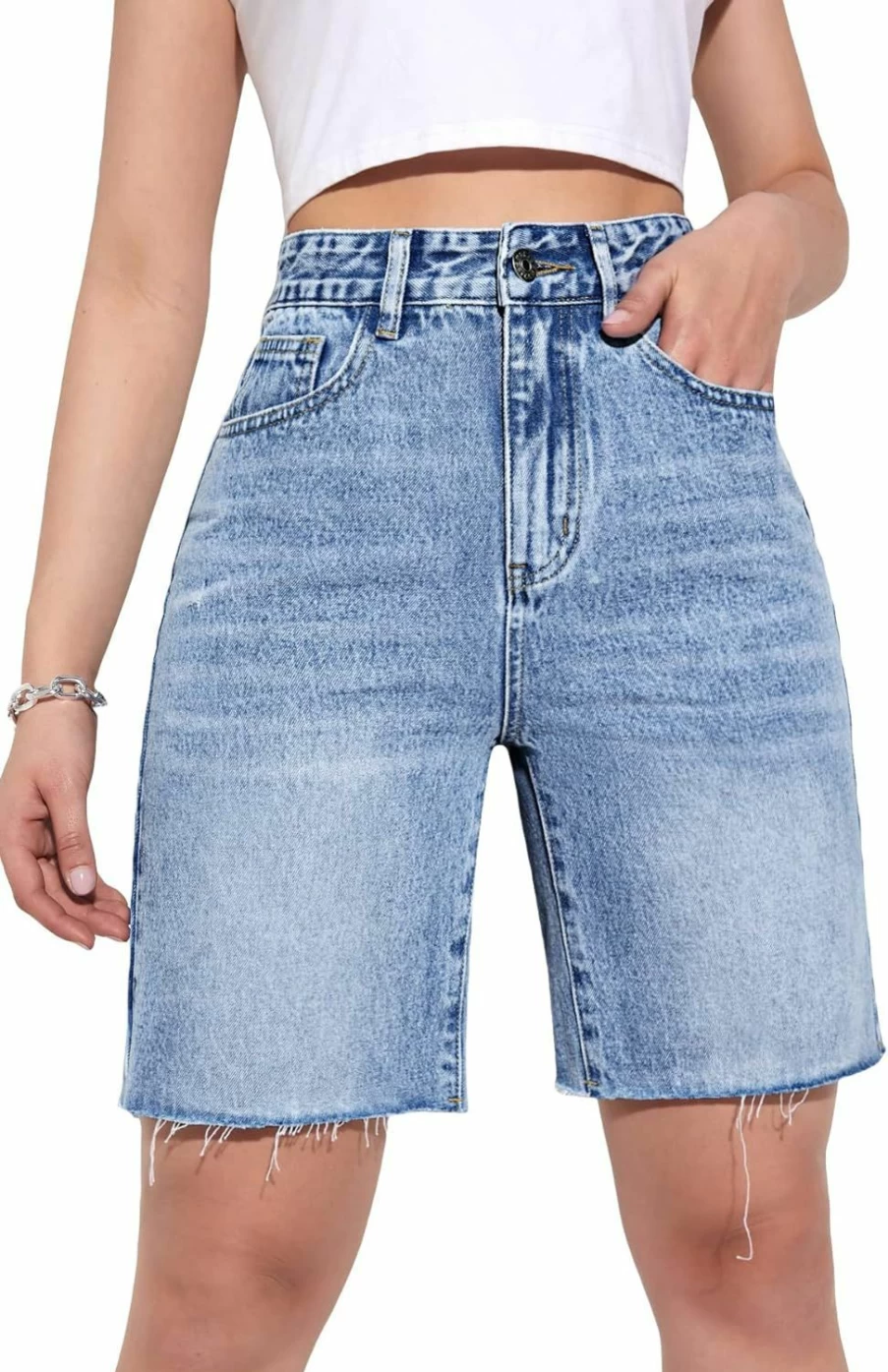 MakeMeChic Women's High Waisted Denim Shorts - Casual Long Jean Shorts for Women