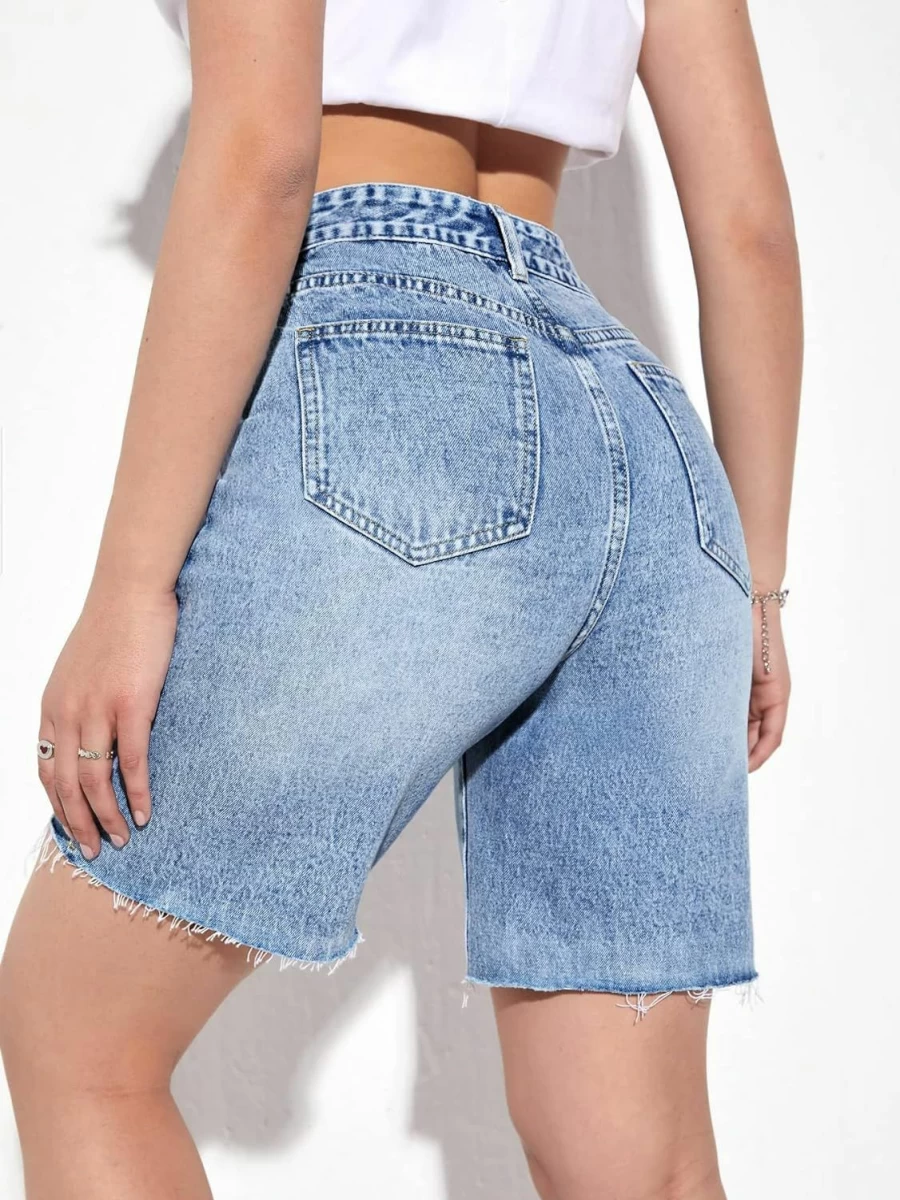 MakeMeChic Women's High Waisted Denim Shorts - Casual Long Jean Shorts for Women