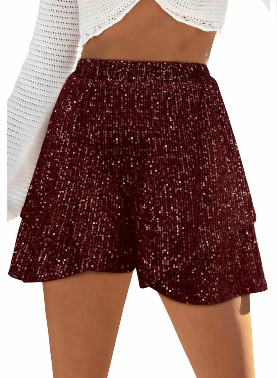 Dokotoo Women's Sparkle Sequin Shorts with Elastic Waist - Trendy Wide Leg Flowy Casual Summer Shorts