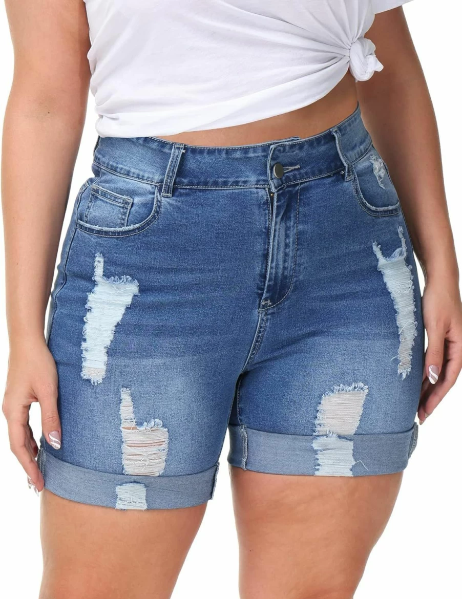 ALLEGRACE Women's High Waisted Plus Size Denim Shorts - Stretch Comfort Summer Jean Shorts