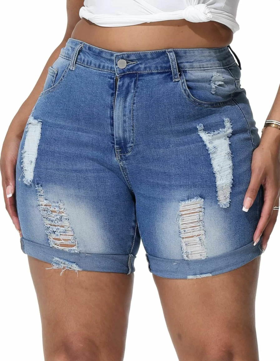 ALLEGRACE Women's High Waisted Plus Size Denim Shorts - Stretch Comfort Summer Jean Shorts