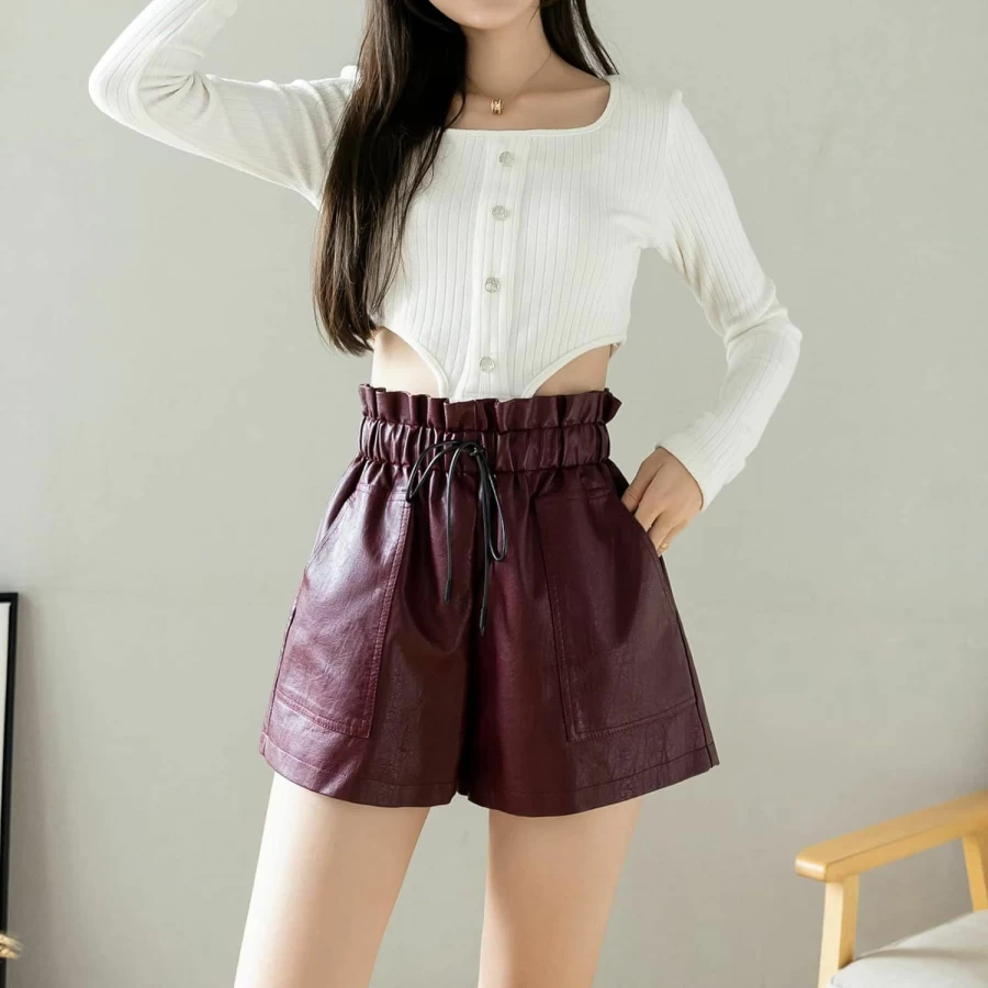SCHHJZPJ Women's High Waisted Faux Leather Shorts - Stretchy Wide Leg Black Vegan Leather Shorts for Women