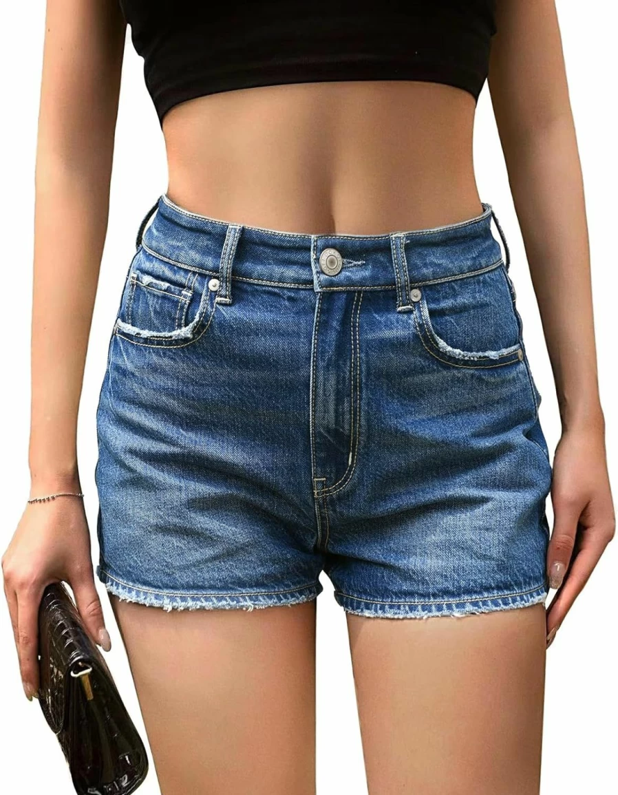 OFLUCK Women's High-Waisted Ripped Denim Shorts with Frayed Hem for Summer