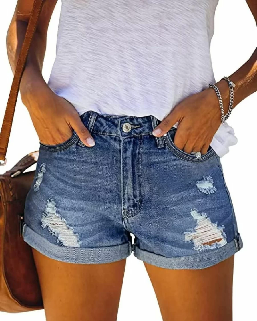 FEKOAFE Women's High Waisted Ripped Denim Shorts 2024 - Stretchy Casual Jean Shorts for Summer