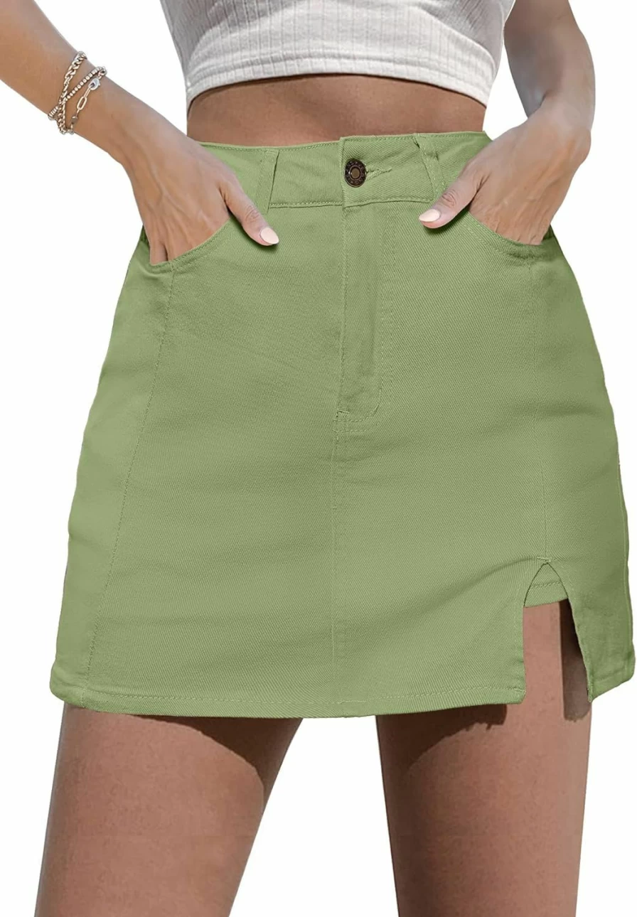 Luvamia Women's High Waisted Denim Skort with Side Slit - Stretchy Mini Skirt & Shorts Combo
