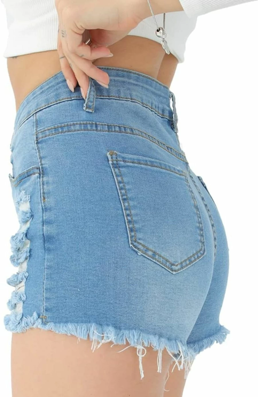 Yyibsones Women's Ripped Denim Shorts with Raw Hem - Stretchy High Waist Frayed Hole Jeans Shorts for Women