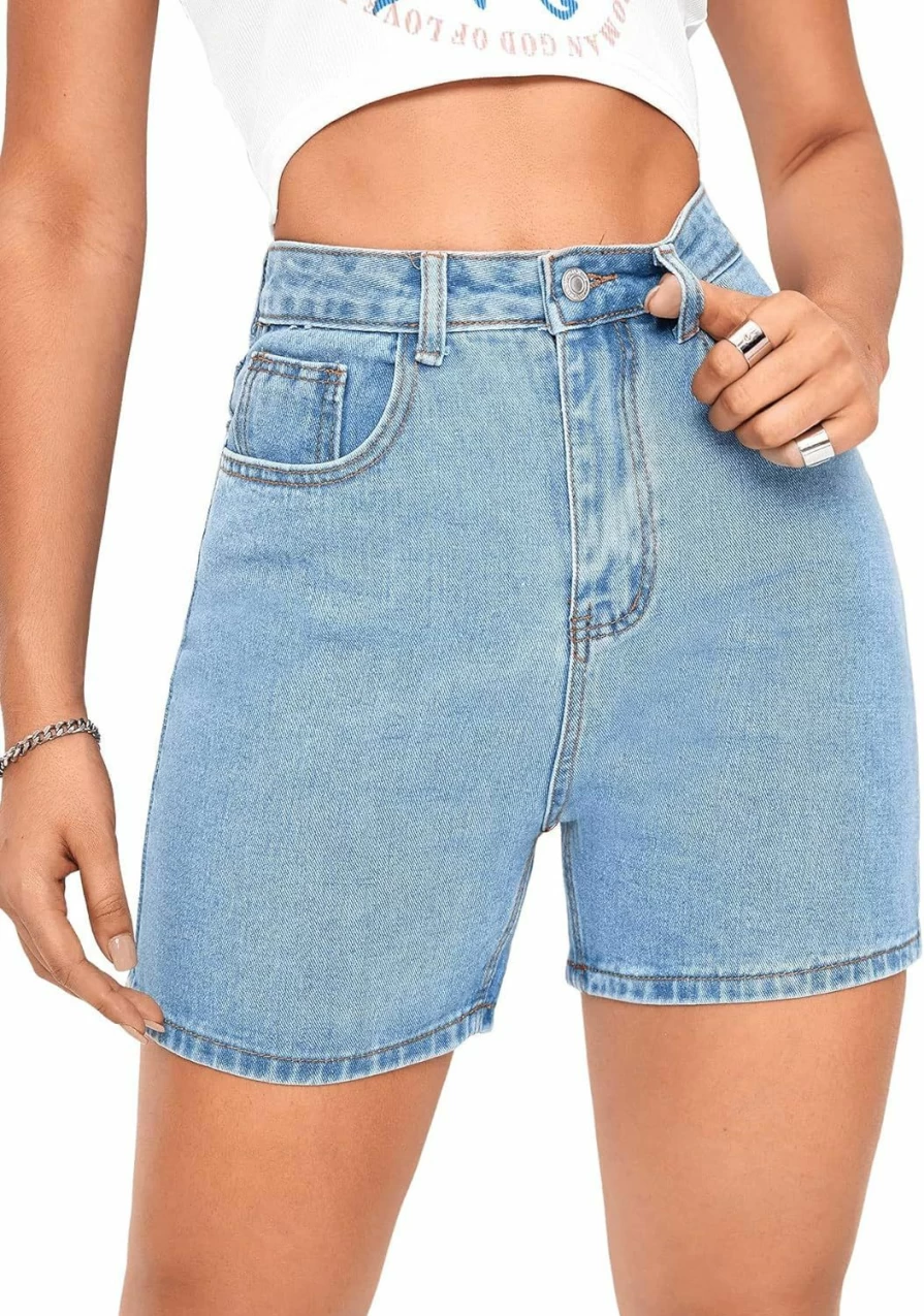 SweatyRocks Women's High Waist Denim Shorts with Pockets - Straight Leg Summer Jean Shorts for Women