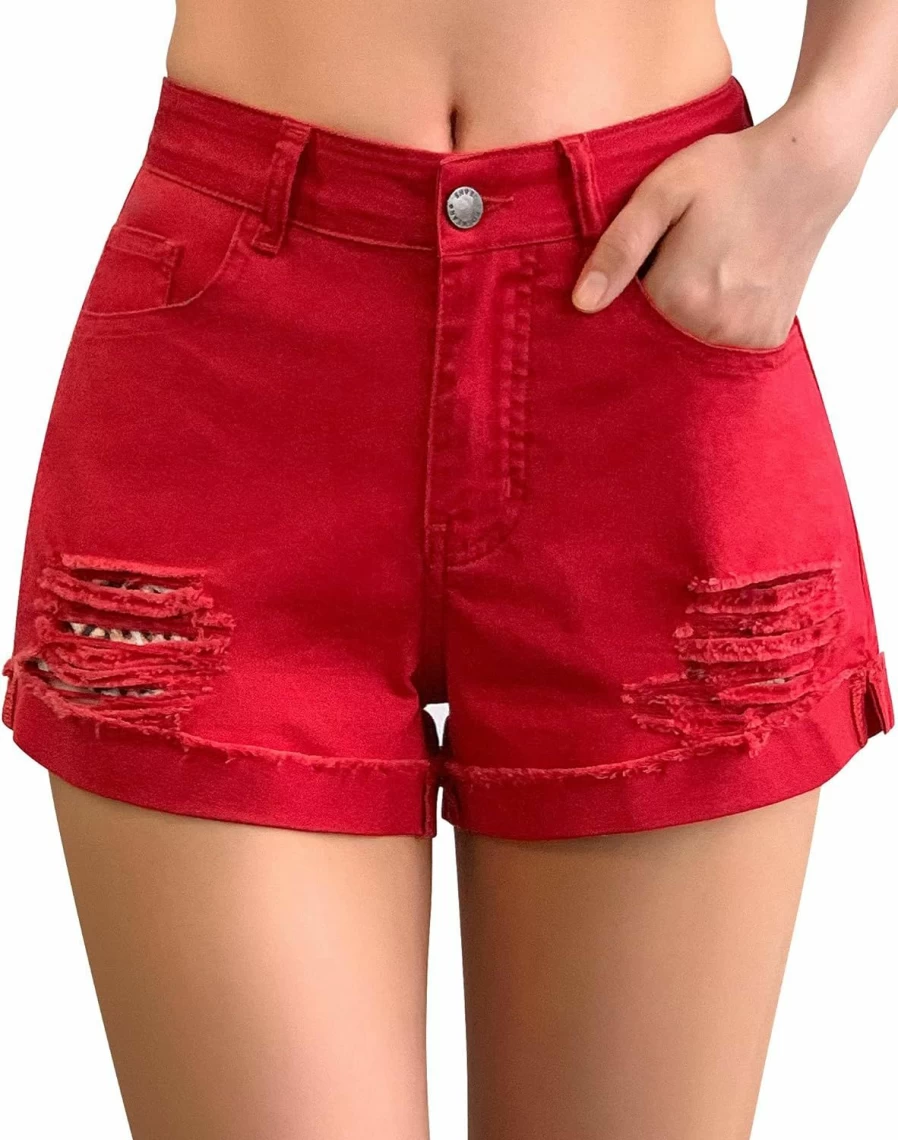 Roswear Women's Distressed Mid Rise Stretch Denim Shorts - Comfortable Ripped Jean Shorts for Women