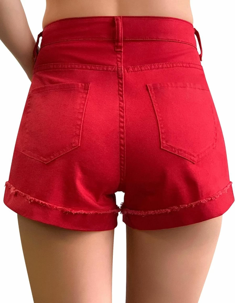 Roswear Women's Distressed Mid Rise Stretch Denim Shorts - Comfortable Ripped Jean Shorts for Women
