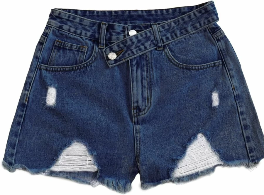 SweatyRocks Women's High Waist Distressed Denim Shorts with Ripped Raw Hem and Pockets - Casual Blue Jeans Shorts for Women