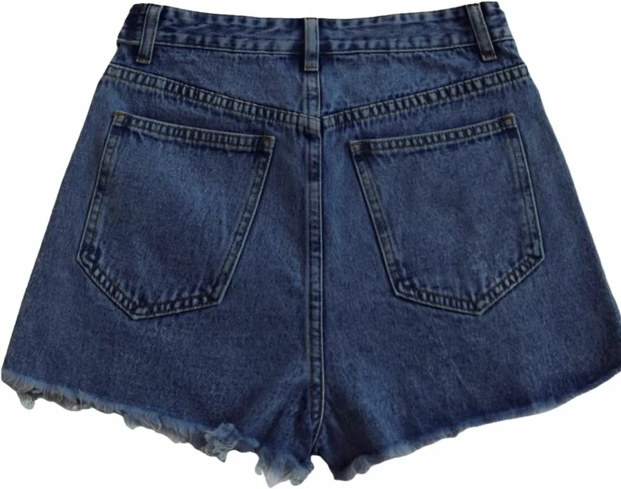 SweatyRocks Women's High Waist Distressed Denim Shorts with Ripped Raw Hem and Pockets - Casual Blue Jeans Shorts for Women