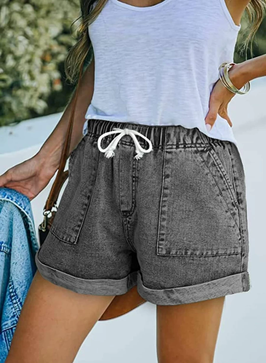 GOLDPKF Women's Denim Shorts Mid Waist Ripped Frayed Stretchy Casual Summer Jean Shorts