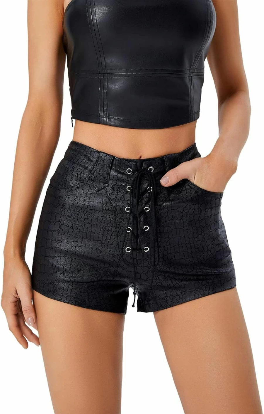 Floerns High Waisted Leather Shorts for Women - Front Drawstring & Eyelet Detail Solid Fashion Shorts
