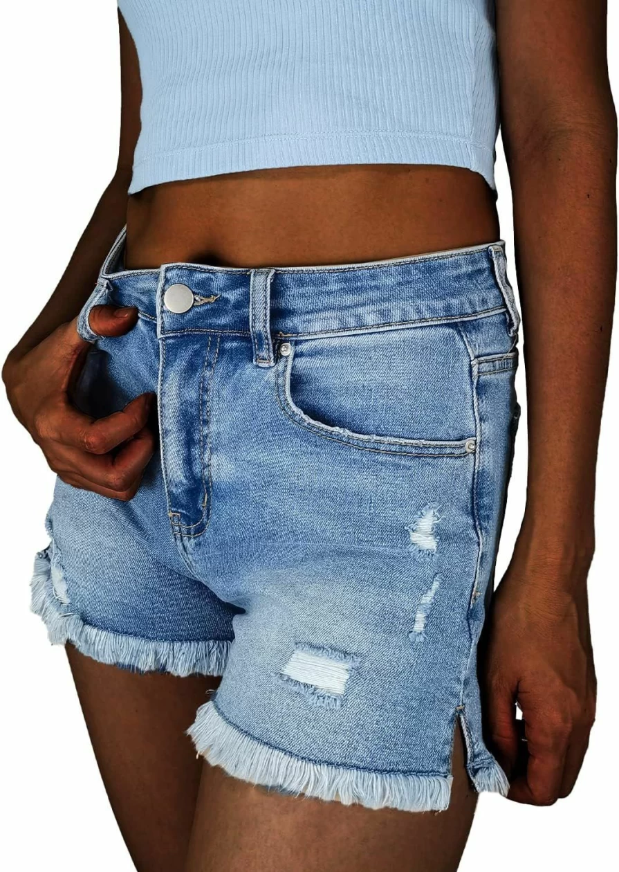 FEELNINE Women's High Waisted Ripped Denim Shorts - Raw Hem Frayed Jean Shorts for Summer